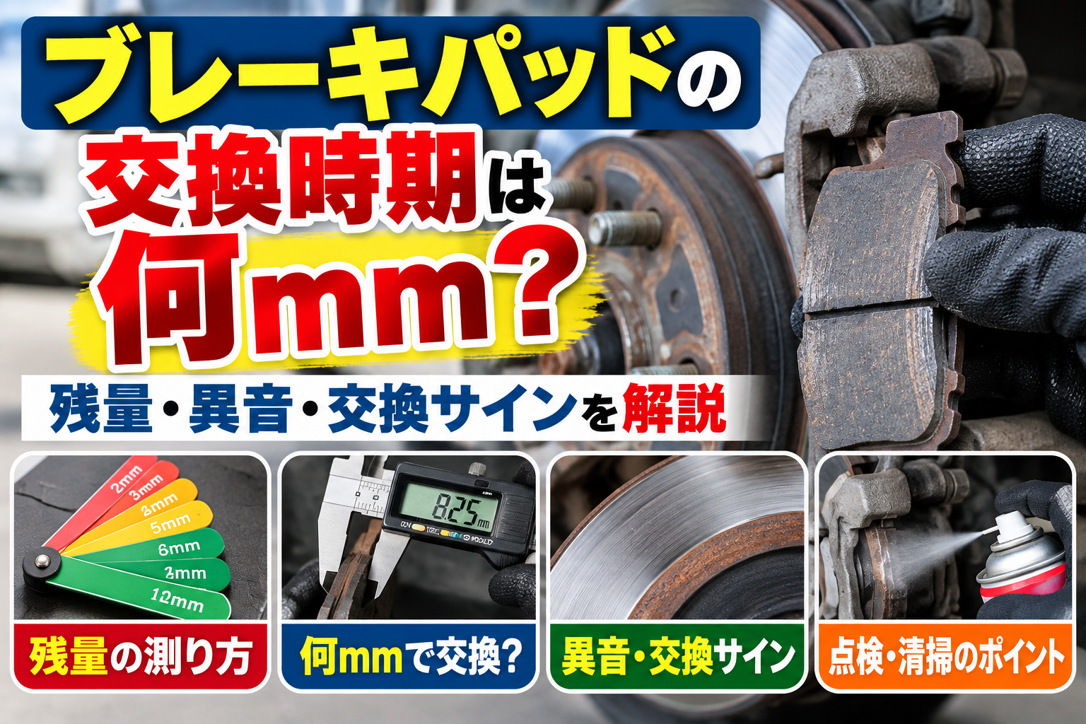 ブレーキパッドの交換時期は何mmか、残量・異音・交換サイン・点検方法を解説するアイキャッチ画像
