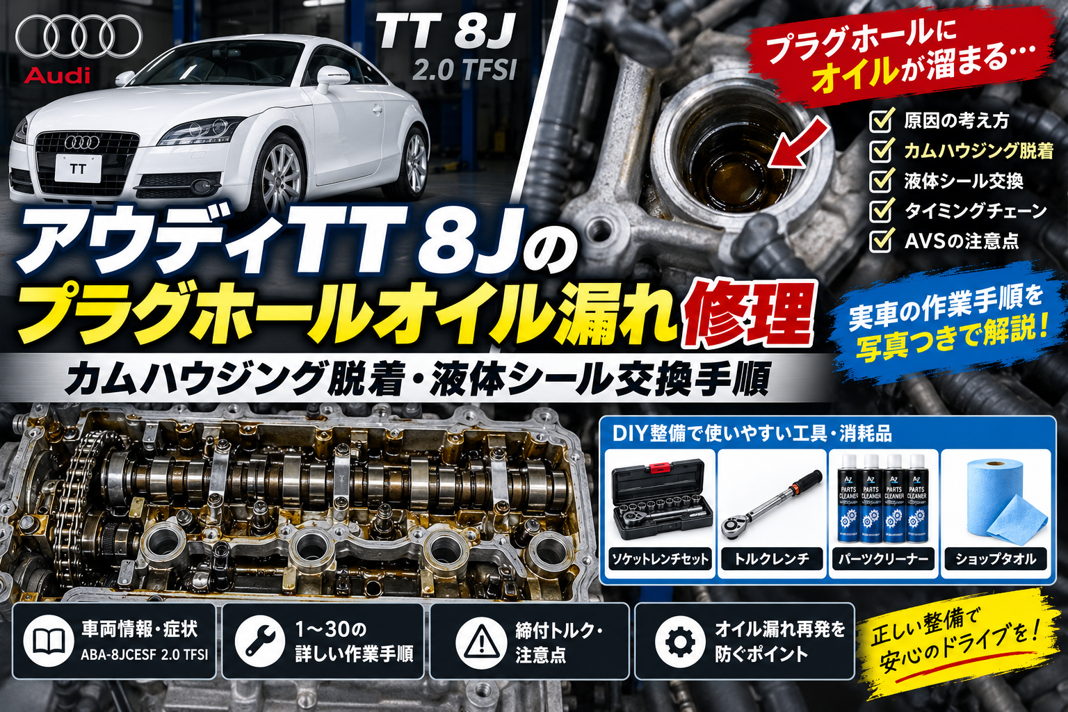 アウディTT 8Jのプラグホールオイル漏れ修理とカムハウジング脱着・液体シール交換手順を解説するアイキャッチ画像