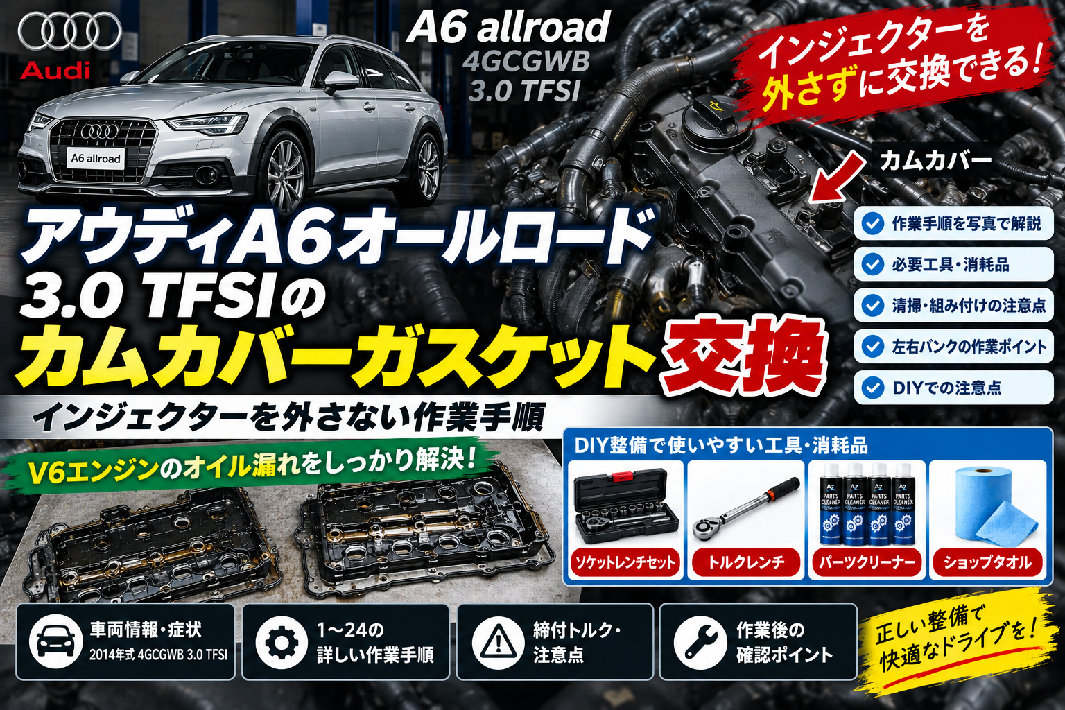 アウディA6オールロード 3.0 TFSIのカムカバーガスケット交換手順とインジェクターを外さない作業方法を解説するアイキャッチ画像