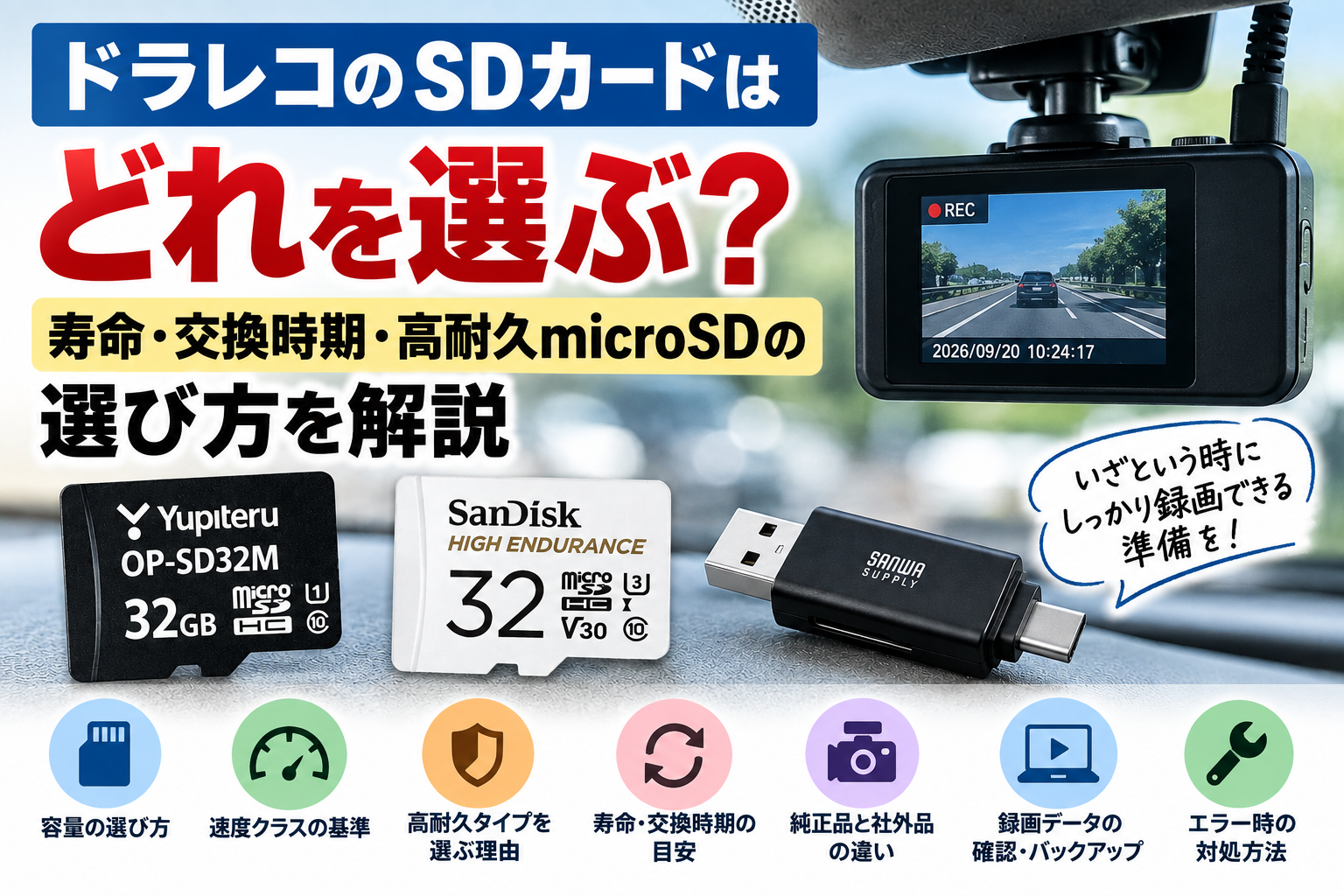 ドラレコ用SDカードの選び方・寿命・交換時期・高耐久microSDについて解説するアイキャッチ画像