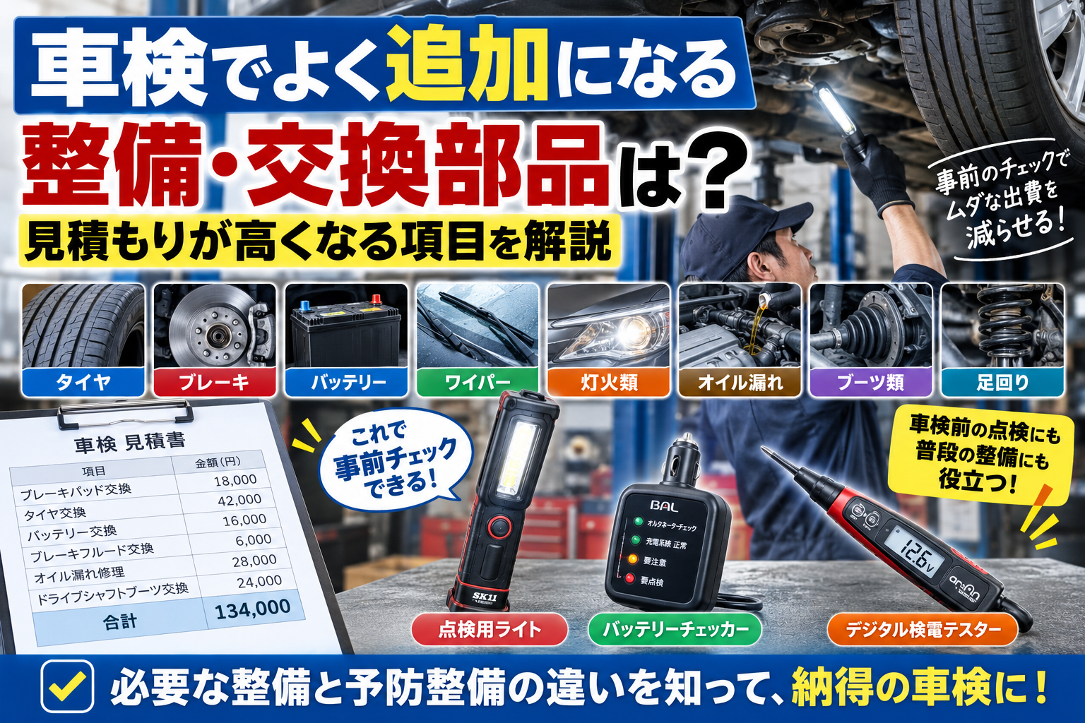車検で追加になりやすい整備・交換部品と見積もりが高くなる原因を解説するアイキャッチ画像
