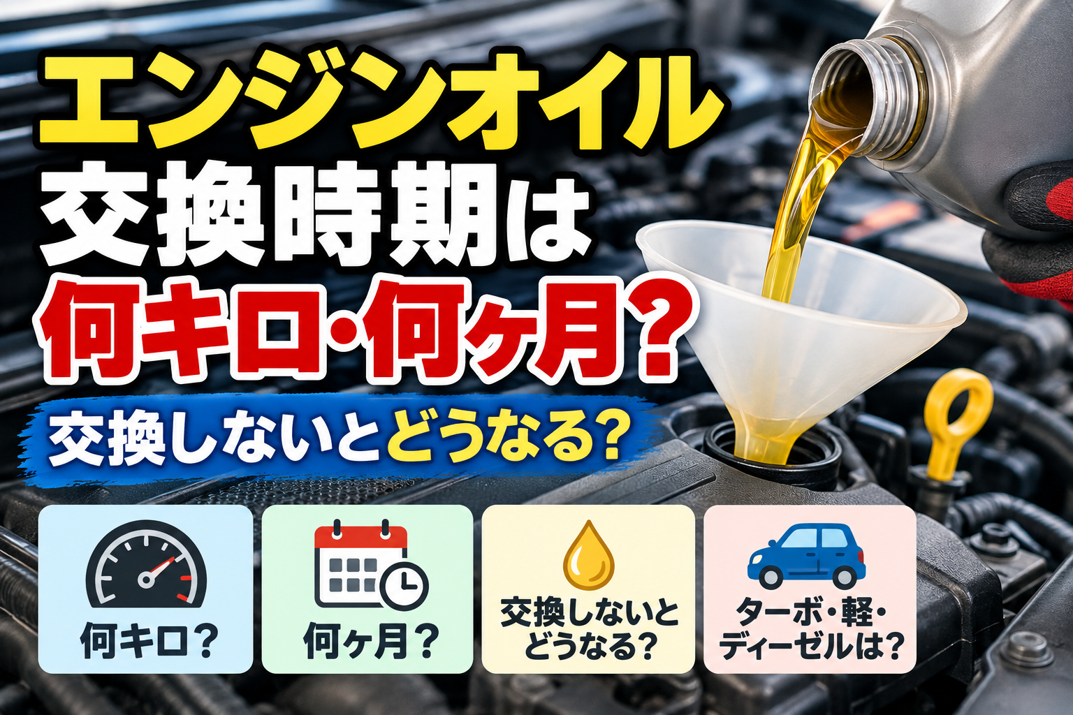 エンジンオイル交換時期は何キロ・何ヶ月か、5,000km目安やターボ車・軽自動車の違いを解説するアイキャッチ画像