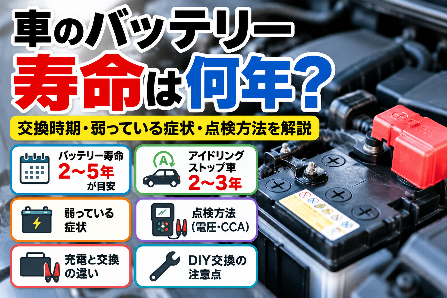 車のバッテリー寿命は何年か、交換時期・劣化症状・CCA点検・充電方法を解説するアイキャッチ画像