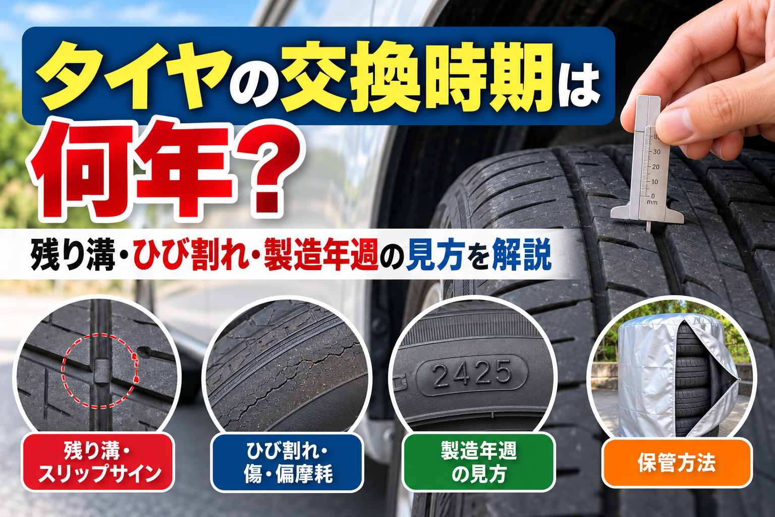 タイヤの交換時期は何年か、残り溝・ひび割れ・製造年週・空気圧の確認方法を解説するアイキャッチ画像